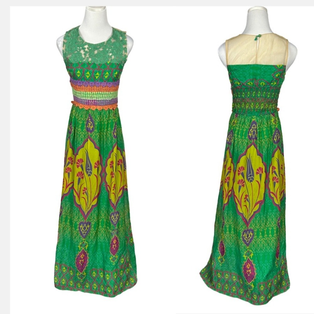 Hemant & Nandita Dress 4 Green Silkโ Maxi Boho Crochet Mesh India Anthropologie
